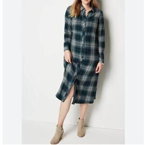 NEW J. Jill Womens S Roll Tab Long Sleeve Shirt Dress Peacock Plaid Cotton Blend